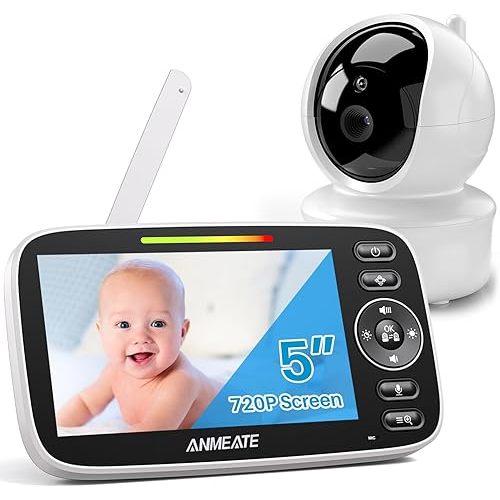 ANMEATE Baby Monitor - 5" 720P LCD Large Display Monitor | Infrared Color Night Vision, Temperature Display, Lullaby, Two Way Audio |960ft Rangr Baby Monitor with Camera and Audio