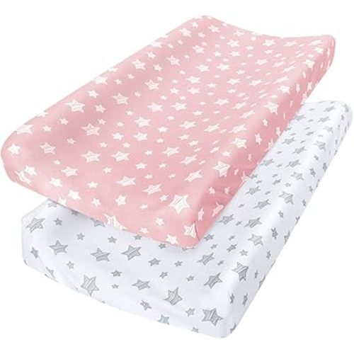 Changing Pad Cover for Girls 2 Pack, Lovely Print Soft Unisex Diaper Change Table Sheets, Fit 32"x16" Contoured Pad, Comfy Cozy 2-Pack Cradle Sheets, Pink&White