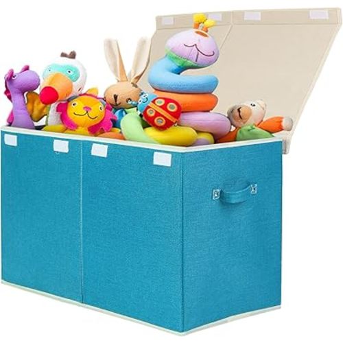 popoly Large Toy Box Chest Storage with Flip-Top Lid, Collapsible Toy Bin Storage Organizer for Boys, Kids, Girls, Toys, Playroom Organizers, 25"x13" x16"(Linen Teal)