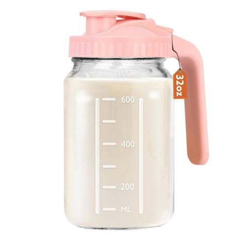Breast Milk Pitcher, 32 OZ Mason Jar Pitcher with Lid Double Leak Proof,1 Quart Breastmilk Storage Containers for Fridge, Glass Jug for Sun Tea, Juice, Cold Brew Coffee