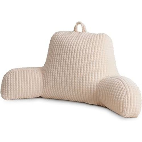 A Nice Night Reading Pillow Bed Wedge Large Adult Children Backrest with Arms Back Support for Sitting Up in Bed/Couch for Lounging Bedrest,Waffle Stereoscopic Design,Ivory