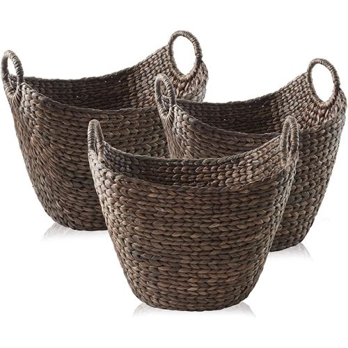Casafield Set of 3 Multipurpose Boat Baskets with Handles - Espresso, Woven Water Hyacinth Storage Organizers for Throw Blankets, Bedroom, Living Room, Laundry