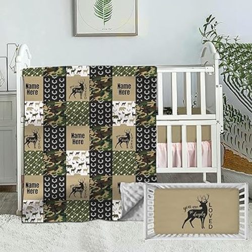 Crib Bedding Set for Boys, Custom Baby Sets with Name, Woodland Theme Nursery, 2 Piece, Deer Plaid Army Green, Fitted Sheet Boy