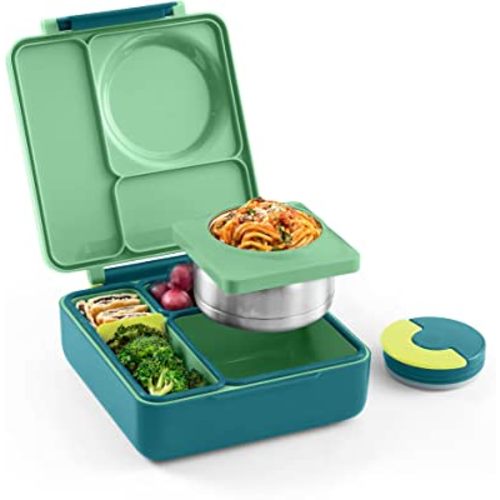 OmieBox Bento Box for Kids - Insulated Lunch Box with Leak Proof Thermos Food Jar - 3 Compartments, Two Temperature Zones - (Meadow) (Single) (Packaging May Vary)