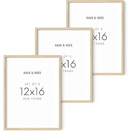 HAUS AND HUES Beige Wood Oak 12x16 Picture Frame, Set of 3 - Modern Wood Wall Art Display - Lightweight 12x16 Frame Set of 3 for Art Prints, Photos, Posters - Ready-to-Hang Vertically & Horizontally