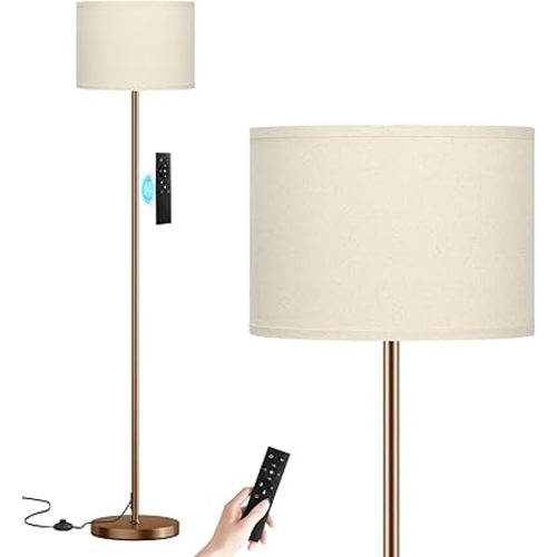 Ambimall Floor Lamps for Living Room with Remote Control and Stepless Dimmable Colors Temperature & Brightness, 9W Bulb Included(Beige Lampshade & Brown Pole)
