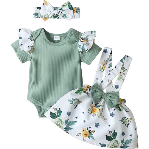 Newborn Baby Girl Clothes Infant Short Sleeve Ribbed Romper Floral Shorts Set 2PCS Summer Outfits for Girls with Headband