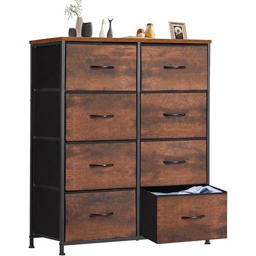 Sweetcrispy Dresser for Bedroom with 8 Storage Drawers, Large Fabric Storage Tower Organizer, Chest of Drawers with Metal Frame Wooden Top for Closet, Living Room, Entryway,Brown