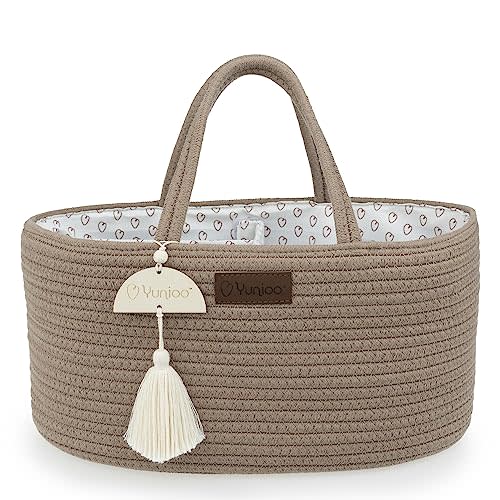 Yunioo Diaper Caddy Organizer, Boho Diaper Bag Tote for Changing Table Necessities and Baby Essentials Must Haves for Newborn, Car Caddy Organizer, Portable Storage Basket for Boy or Girl, Brown