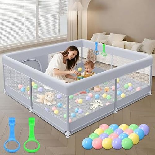 Baby Playpen 50 x 50 Inch Play Pen Playards, Playpen for Babies and Toddlers, Baby Playard for Indoor & Outdoor Active Center Game Fence, with Skin-Friendly Fabric and Soft Breathable Mesh Grey