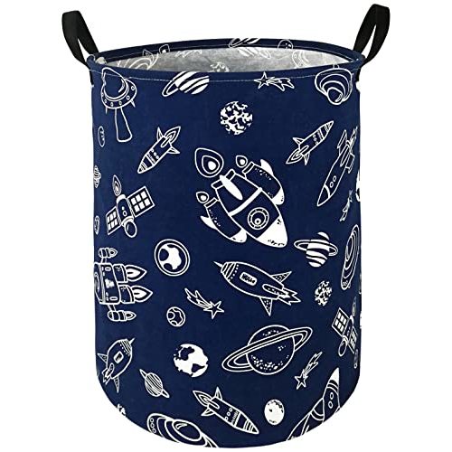 DUYIY Canvas Storage Basket with Handle Large Organizer Bins for Dirty Laundry Hamper Baby Toys Nursery Kids Clothes Gift Basket (Navy Spacecraft)