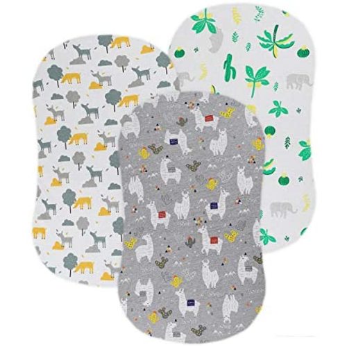 Bassinet Fitted Sheet Set 3 Pack for Boys/Girls - Super Soft Jersey Cotton Sheets Universal for Oval, Rectangle or Hourglass Bassinet Mattress, Llama Deer Elephant Coconut Tree and Leaf Pattern