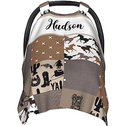 Personalized Baby Car Seat Canopy for Babies, Custom Name Car Seat Covers for Boys and Girls, Opening Minky Nursing Breastfeeding Cover for Infant, Carseat Canopies for Newborn (Cowboy)