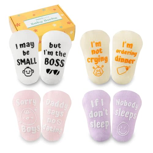 InnoBeta Baby Socks Set with Funny Quotes (4 Pairs) Newborn/Infant Socks for Baby Shower, Gender Reveal 3-12 Months