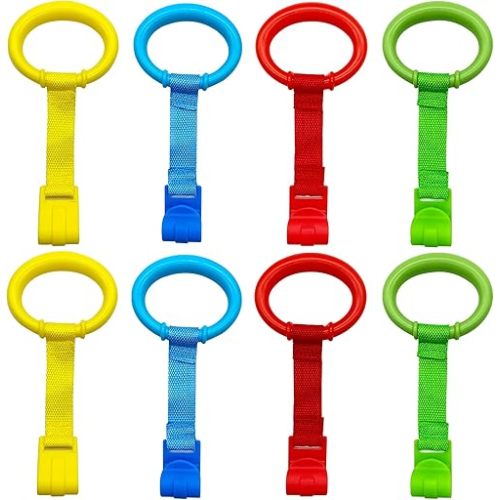 codree 8PCS 4 Colors Baby Playpen Pull up Rings- Baby Crib Pull up Rings- Baby Walking Exercises Assistant Rings- Baby Bed Stand Up Rings Baby Cot Hanging Rings for Infant Baby Toddler
