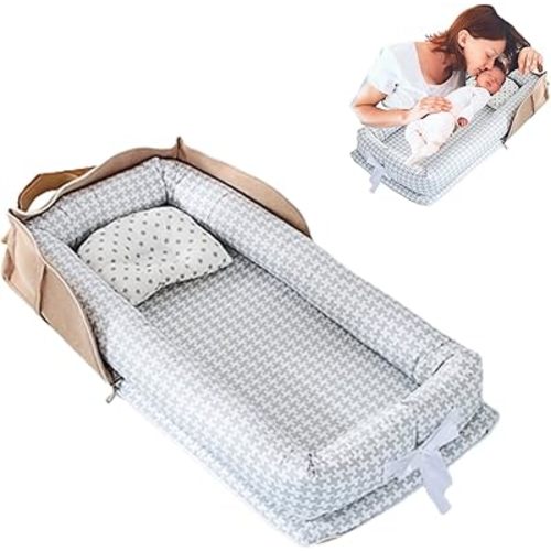 Baby Lounger for Newborn Portable Bag,Baby Nest Co Sleeping for Baby in Bed with Pillow,Newborn Lounger Adjustable Size & Strong Zipper Lengthen Space to 24 Months(Gray Thousand Bird Check)