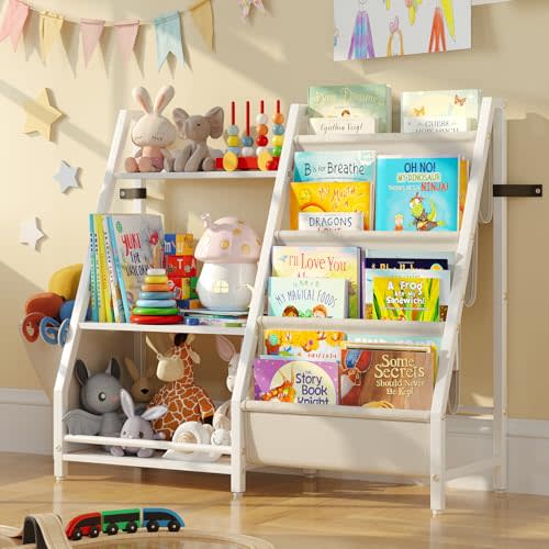 Kids Bookshelf and Toy Storage Organizer, 2 in 1 Montessori Toddler Book Shelf for Kids Rooms, Nursery Bookcase, Easy Assembly, Includes Extra Side Pockets 11.8" D x 33.4" W x 29.5" H (White)