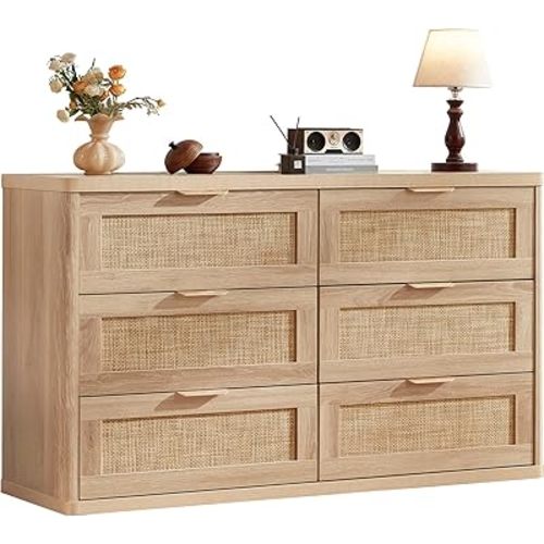 LEYAOYAO Rattan 6 Drawer Dresser for Bedroom, Boho 54" Wide Natural Wood Dresser Chest of Drawers, Dressers TV Stand with Metal Handle, Storage Dressers Closet Organizer for Living Room, Hallway