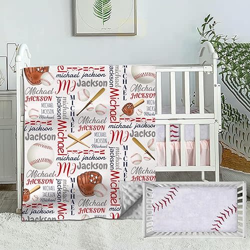 Personalized Crib Bedding Set for Boys, Custom Baby Crib Sets with Name, Baseball Bedding Sets, 2 Piece Baby Crib Sets, Neutral Monogram Baby Plaid Comforter, Crib Fitted Sheet for Baby Girls