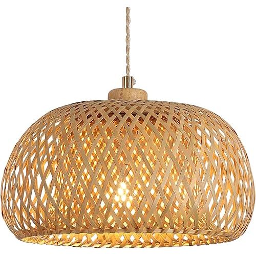 Bamboo Pendant Light Fixture One-Light Adjustable Boho Basket Handmade Woven Pendant Lighting for Kitchen Island Sink Farmhouse Dining Room