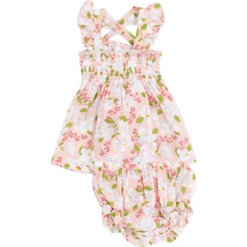 Ruffle Strap Smocked Top and Diaper Cover, Magnolias - Angel Dear | Maisonette