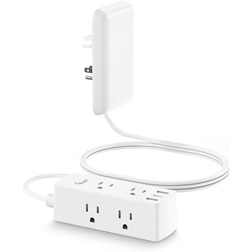 Flat Extension Cord with Outlet Cover, Olcorife Flat Plug Power Strip with 6 Outlets and 3 USB Ports, 2000 Joules Surge Protector, 5 FT Cord Hidden Outlet Extender for Tight Spaces