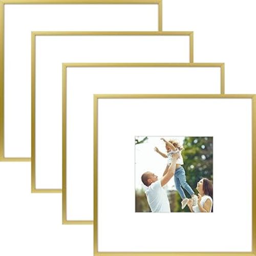 Golden State Art - 8x8 Metal Picture Frames with Mat for 4x4 Square Photo - Set of 4-8 x 8 Aluminum Photo Frame with Real Glass - Wall Decor or Tabletop Display - Modern Gold