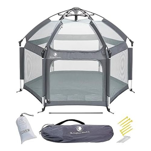 POP 'N GO Baby Playpen - Indoor & Outdoor Playpen for Babies and Toddlers - Baby Beach Tent, Foldable, Portable W/Canopy, Travel Bag, & Mosquito Net - Pop Up Pack and Play Tent (Anchor Grey)
