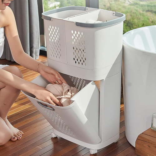 Rolling Plastic Laundry Basket, Removable Household Laundry Hamper with Wheels, Bathroom Laundry Basket, 2 Tier Rolling Laundry Basket, Storage Basket for Laundry Room, White