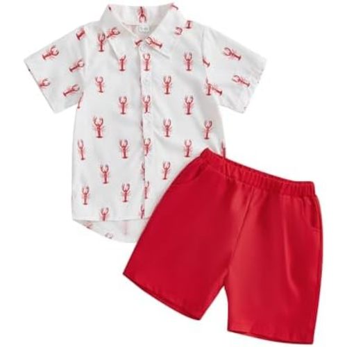 Toddler Baby Boys Summer Clothes Sets Short Sleeve Lobster Print Lapel T-shirt Solid Shorts 2Pcs Crawfish Outfit