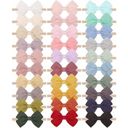 jollybows 30pcs Baby Girls Nylon Hair Bows Headbands Linen Bands Elastic Accessories for Kids Infants Newborn (3-30 PCS Solid Linen)
