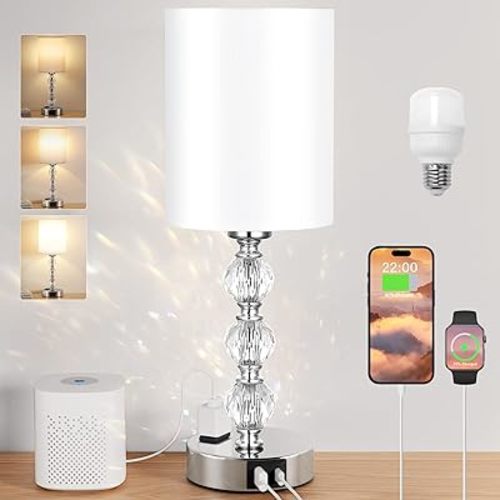 Touch Bedside Crystal Lamps for Bedrooms Nightstand with USB C+A Charging Port and AC Outlet White, 3 Way Dimmable Silver Small End Side Table Lamp for Living/Guest/Dinning Room/Kitchen