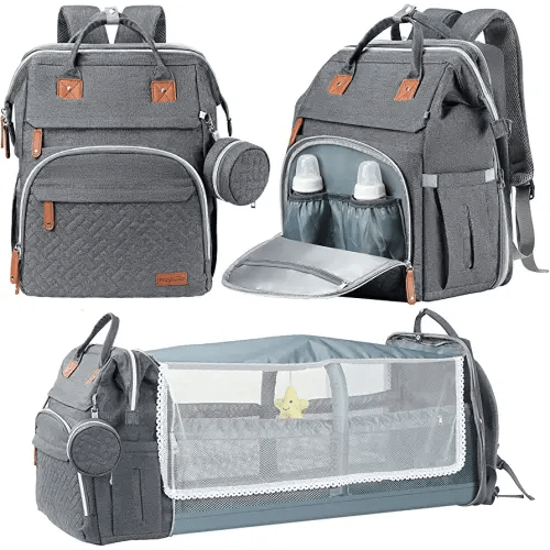 DERJUNSTAR Baby Diaper Bag Backpack, Diaper Changing Station, Baby Bags for Boys Girls, USB Charging Port,Pacifier Case, Sunshade and Toy Bar, Pale Grey