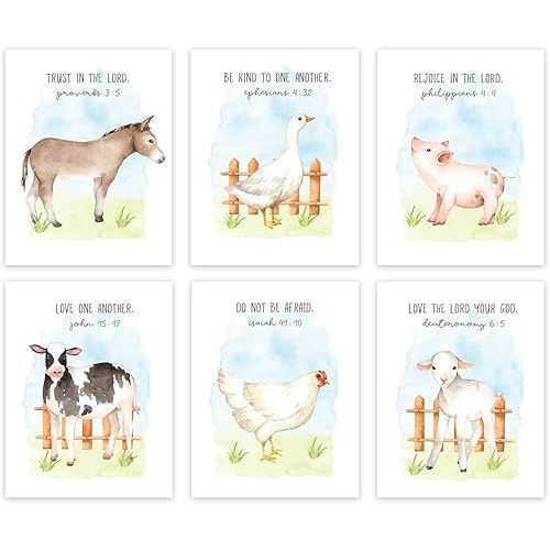 Andaz Press Farm Animals Theme Nursery Kids Bedroom Hanging Wall Art Decor, 8.5x11-inch, Watercolor Sky, Bible Christian Verses, Cow Duck Chicken Pig Lamb Sheep, 6-Pack, Unframed Room Poster