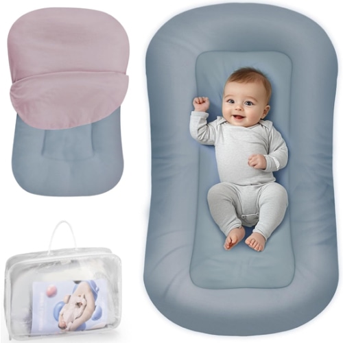 Baby Lounger - Baby Lounger Pillow for Newborn, 0-24 Months, Infant Lounger for Home and Travel, Co Sleeping Baby Nest, Newborn Babies Essentials Gifts, GrayishBlue (Lounger Cover Included)