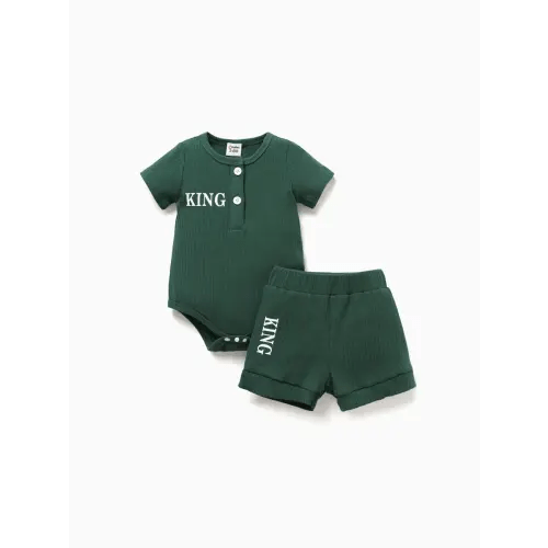 2pcs Baby Boy 95% Cotton Ribbed Letter Print Short-sleeve Romper & Shorts Set