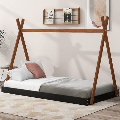 NicBex Kids Montessori Bed with Triangle Structure,Twin Size Floor Bed with Simple Style,Toddler bed for Bedroom Playroom,Black Brown