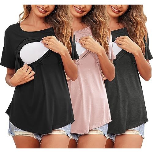 Ekouaer Women's Maternity Shirts Short Sleeves Nursing Tops 3 Pack Double Laye Breastfeeding Tees Pregnancy Clothes S-XXL