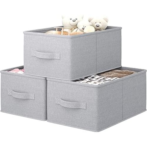 3 Pack Fabric Storage Bins for Shelves | 16.25x12x10in Closet Storage Baskets | Collapsible Storage Bins |Fabric Closet Organizers with Handles | Light Gray