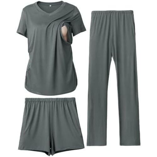 Rnxrbb 3 Piece Women's Maternity Nursing Pajamas Set V Neck Breastfeeding Pjs Sleepwear Postpartum Shorts&Pants Pockets