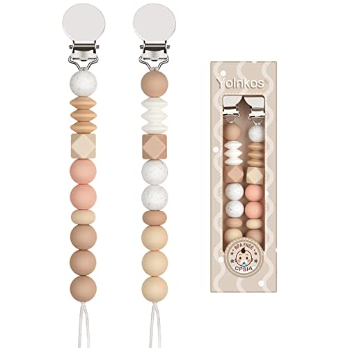 Pacifier Clip Paci Holder Baby Girls Boys Silicone Teething Beads Soothie Binky Clips Teether Toys 2 Pack (Oatmeal, Peach)