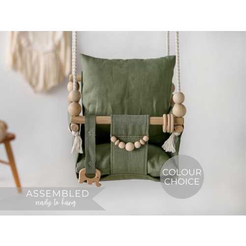 Green Outdoor Garden Baby Swing Schaukel Balançoire with playing beads Garden Swing, Gift For Baby, Wood Swing, Swing with pillow