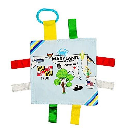 Baby Jack & Co 8x8” Learning Lovey Tag Toys for Babies - Baby Crinkle Toys - Crinkle Toys for Baby - Soft & Safe - Learn USA State Facts - Ideal Baby Toy BPA Free w/Stroller Clip (Maryland)