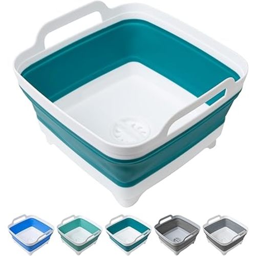 Tiawudi Dishpan for Washing Dishes, 2.4Gal/9L Wash Basin with Draining Plug Carry Handles, Collapsible Bucket for Cleaning, Portable Sink, Foldable Plastic Tub, 1PC