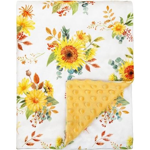 BORITAR Baby Blanket for Girls Super Soft Double Layer Minky with Dotted Backing for Toddler Infant with Yellow Sunflowers Printed 30 x 40 Inch(75x100cm)