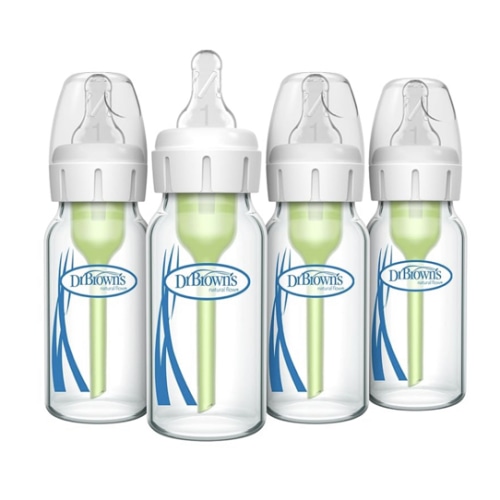 Dr. Brown's Natural Flow Anti-Colic Options+ Narrow Glass Baby Bottle 4 oz/120 mL, with Level 1 Slow Flow Nipple, 4 Pack, 0m+