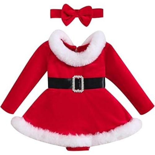 Baby Girl Christmas Dress Santa Claus Romper Dress Red Velvet Long Sleeve Princess Tulle Dress with Headband - 0-6 Months - A-red