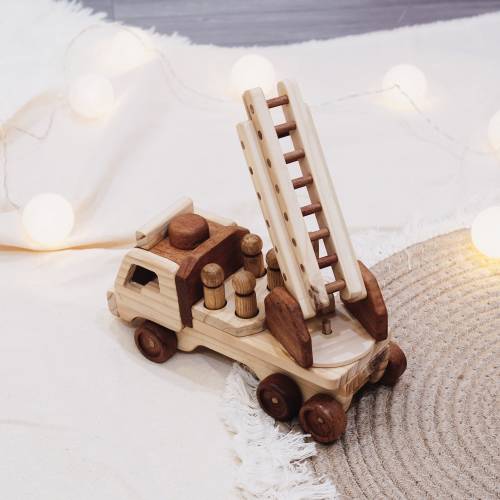 Wooden Fire Truck Toy - Perfect 2nd Birthday Gift for Boys - Nursery Decor - Collectible Firemen Playset for Toddler