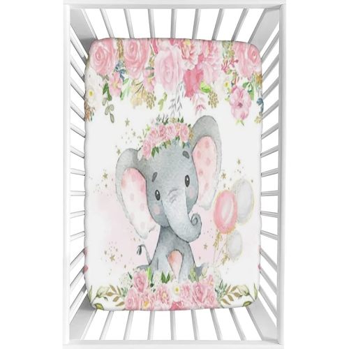 Decorative Crib Sheet,Baby Elephant Fitted Microfiber Baby & Toddler Universal Crib Sheets,28"x 52"x 8",Blush Pink Floral Elephant Print Crib Sheet Set, for Standard Crib and Toddler Mattresses