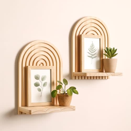 Artilady Boho Wood Shelf Wall Hanging, Rainbow Arch Trinket Storage | Wall Mounted Floating Shelves, Plant Crystal Candle Holder for Small Space, Bohemian Modern Bedroom Living Room Decor, 2 Pack